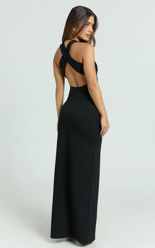 Robe de soirée longue grande taille séduisante moulante à col montant dos nu croisé