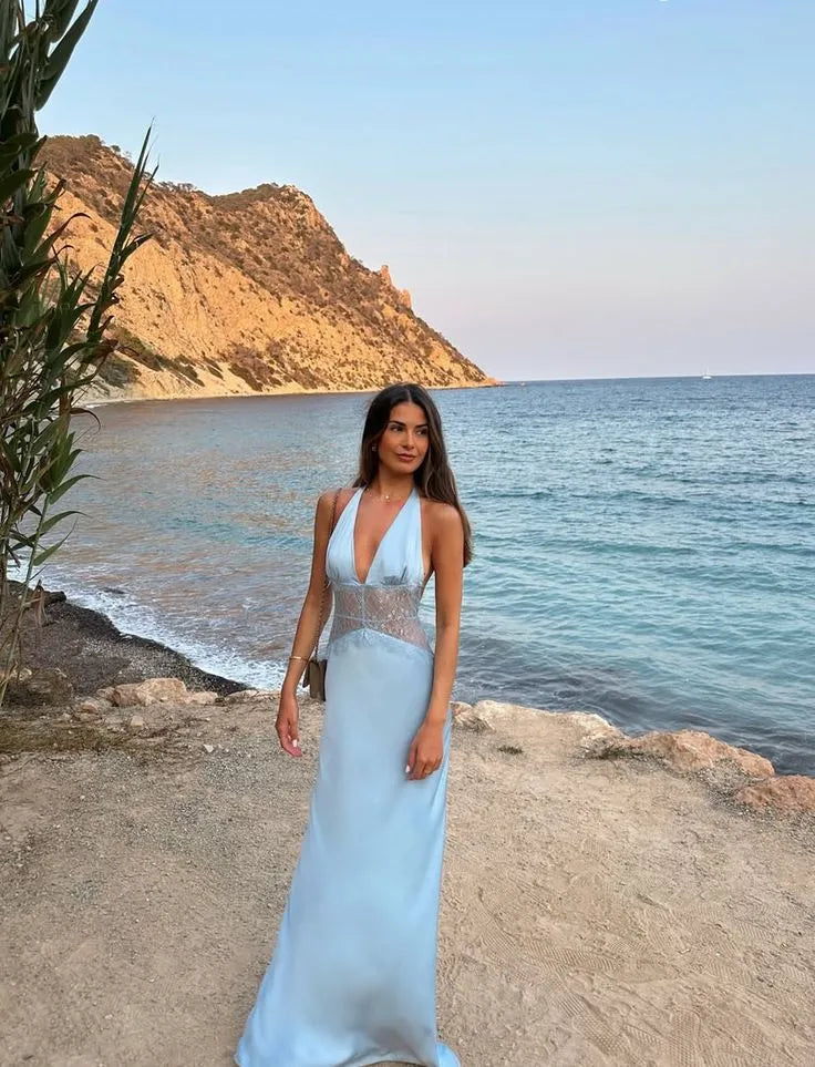 Alluring Mermaid Halter Neck Sleeveless Open Back Floor-Length Vacation Dress