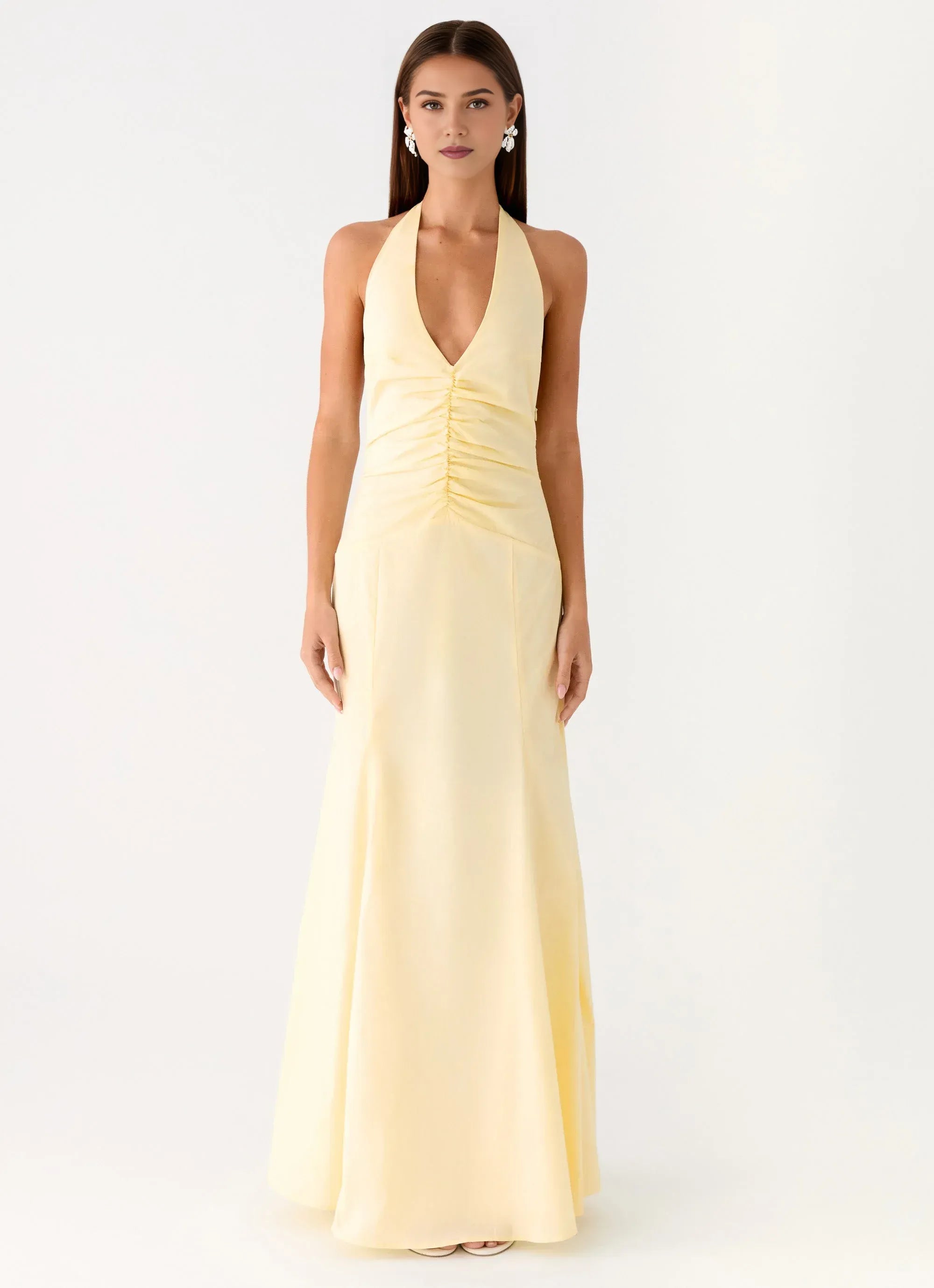 Alluring Mermaid Halter Neck Sleeveless Ruched Front Floor Length Plus Size Evening Dress