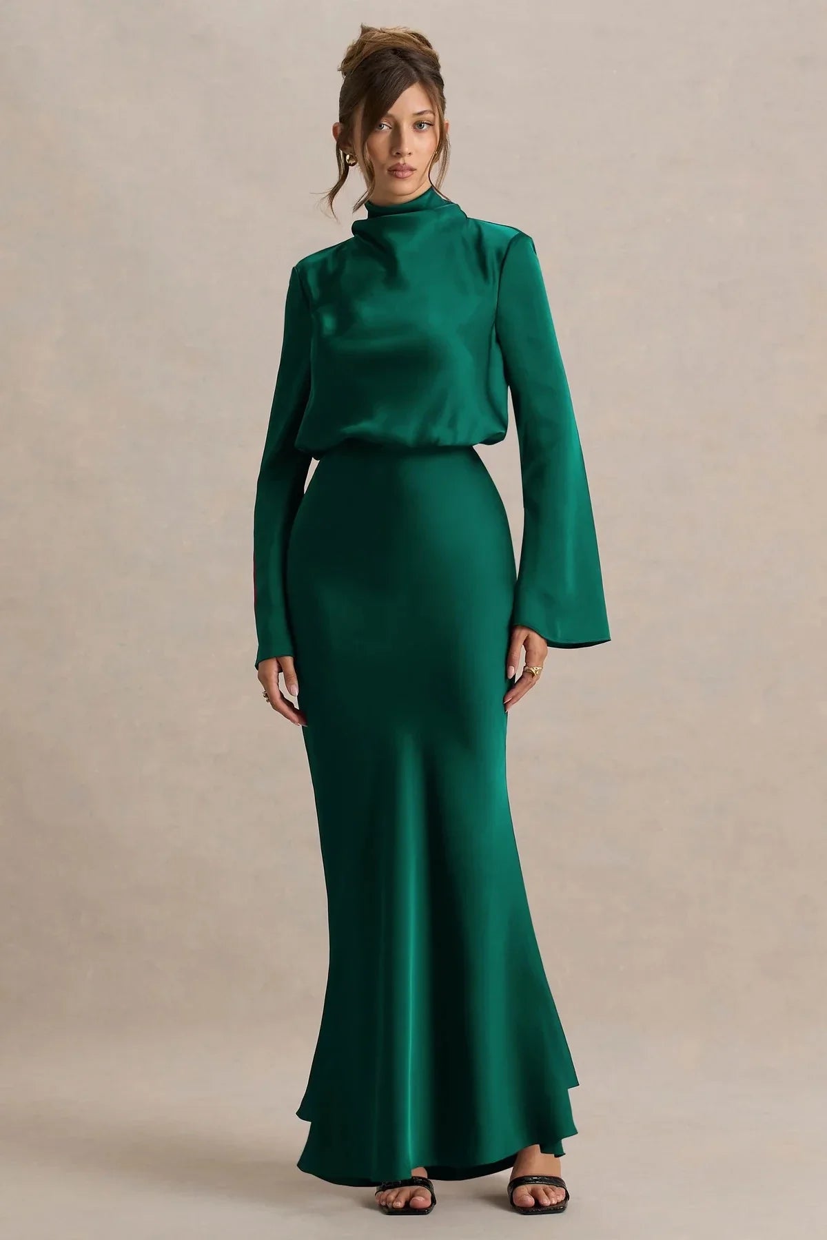 Alluring Mermaid Mock Neck Bell Sleeve Tie Back Floor Length Evening Dress
