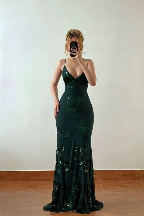 Alluring Mermaid Spaghetti Strap V-Neck Criss Cross Back Floor-Length Evening Dress