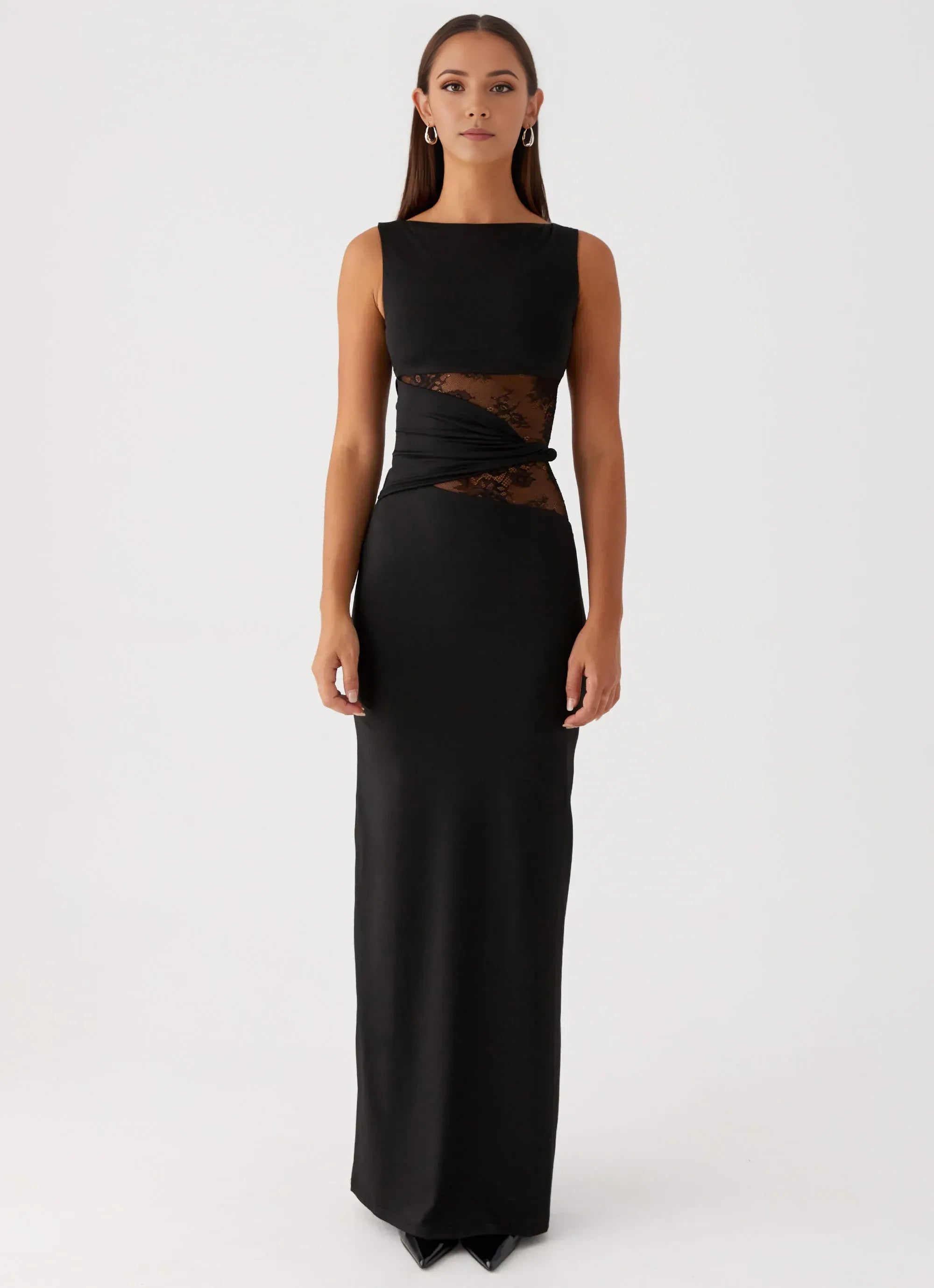 Alluring Sheath Boat Neck Sleeveless Lace Insert Floor Length Plus Size Evening Dress