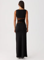 Alluring Sheath Boat Neck Sleeveless Lace Insert Floor Length Plus Size Evening Dress