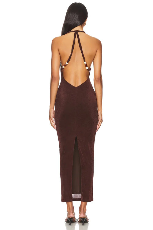 Robe de soirée midi séduisante fourreau, dos nu découpe, col bénitier et licou