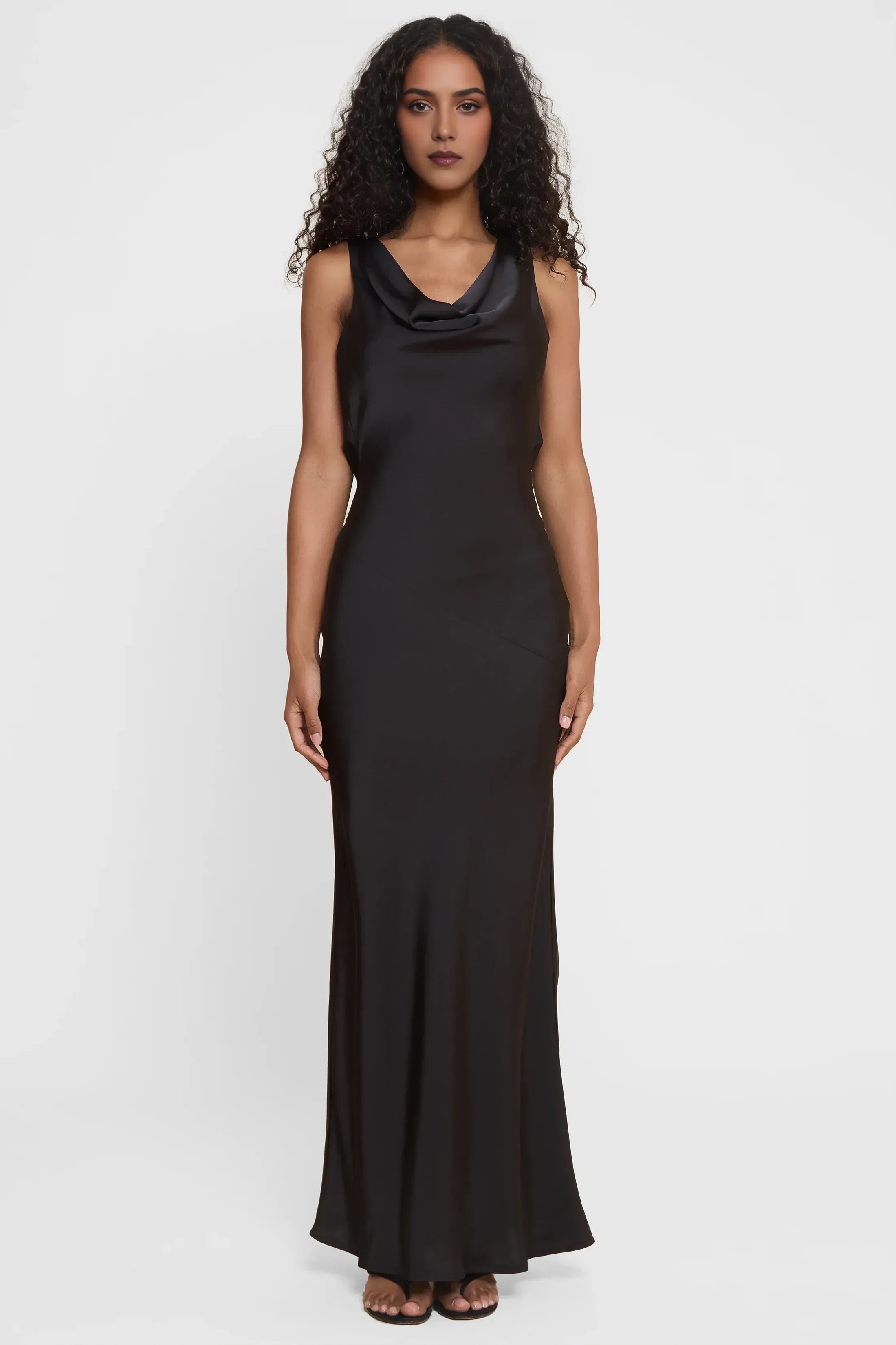 Alluring Sheath Cowl Neck Sleeveless Draped Back Floor Length Prom Dress