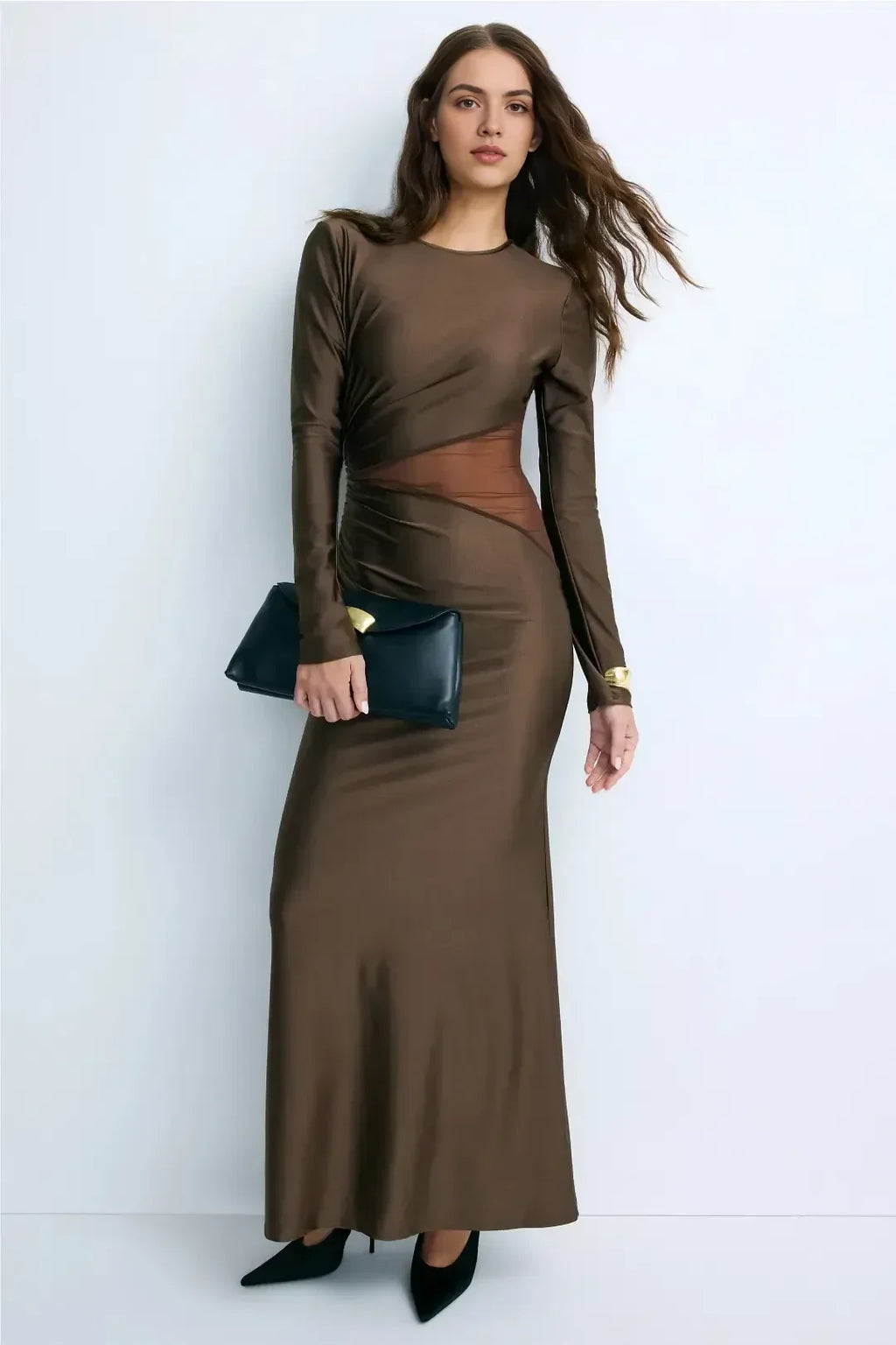Alluring Sheath Crew Neck Long Sleeve Sheer Panel Floor Length Plus Size Prom Dress