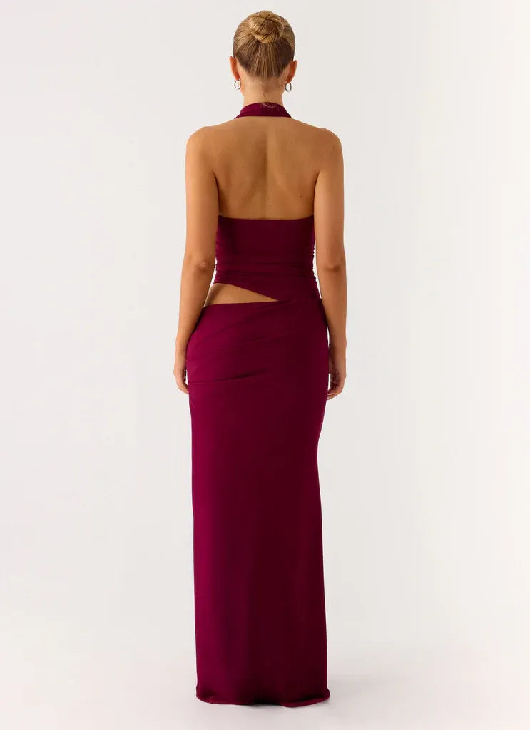 Alluring Sheath Halter Neck Sleeveless Cutout Waist Floor Length Plus Size Evening Dress