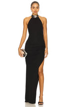 Alluring Sheath Halter Neck Sleeveless Hardware Accent High Slit Evening Dress