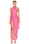 Alluring Sheath Halter Neck Sleeveless Knot Accent High Slit Evening Dress