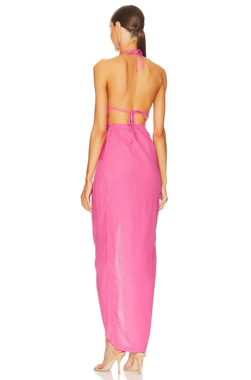 Robe de soirée fourreau séduisante, dos nu, sans manches, avec nœud et fente haute
