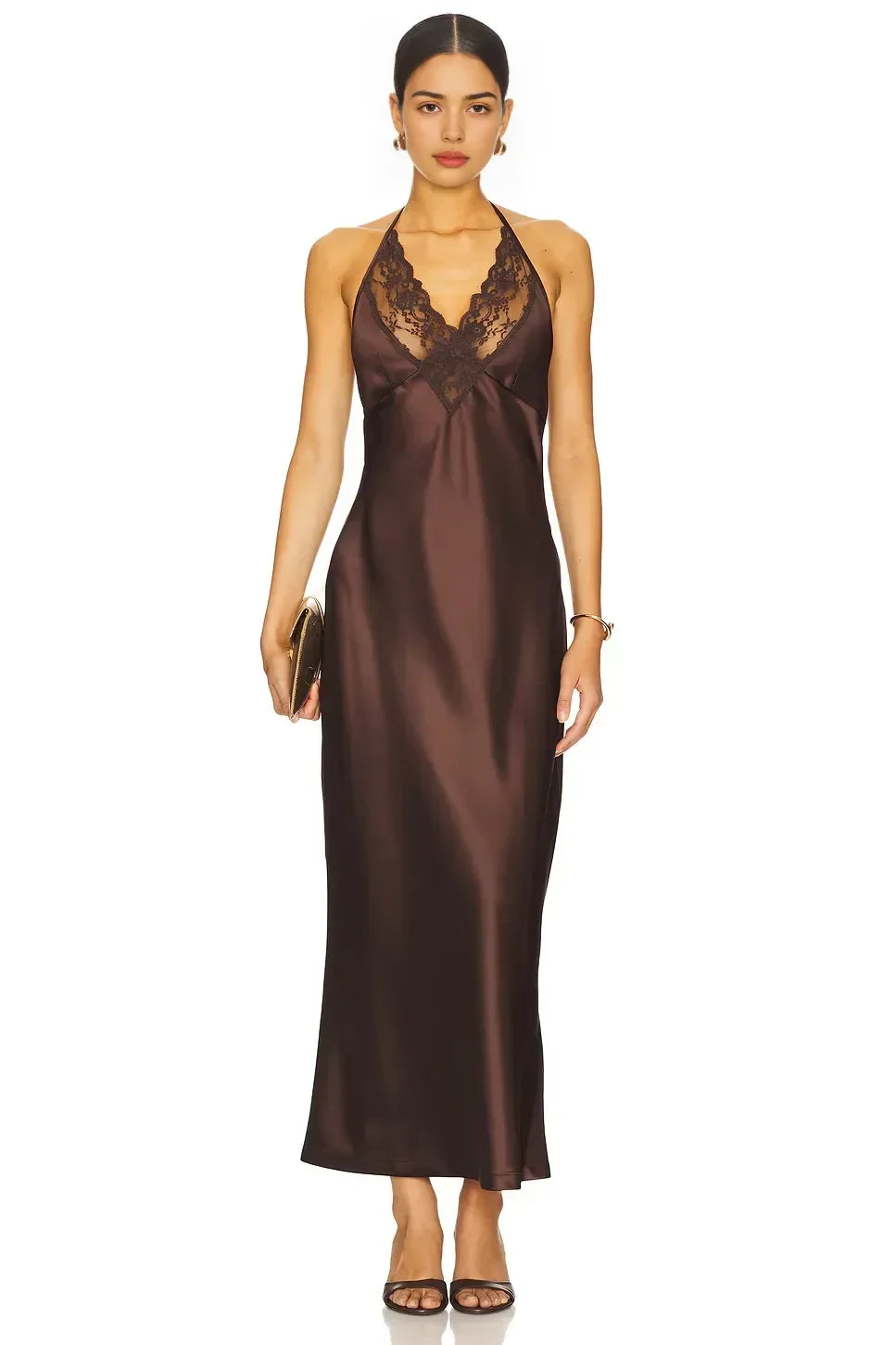 Alluring Sheath Halter Neck Sleeveless Lace Accent Tie Back Midi Evening Dress