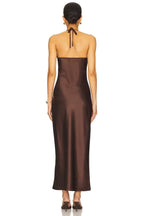 Alluring Sheath Halter Neck Sleeveless Lace Accent Tie Back Midi Evening Dress