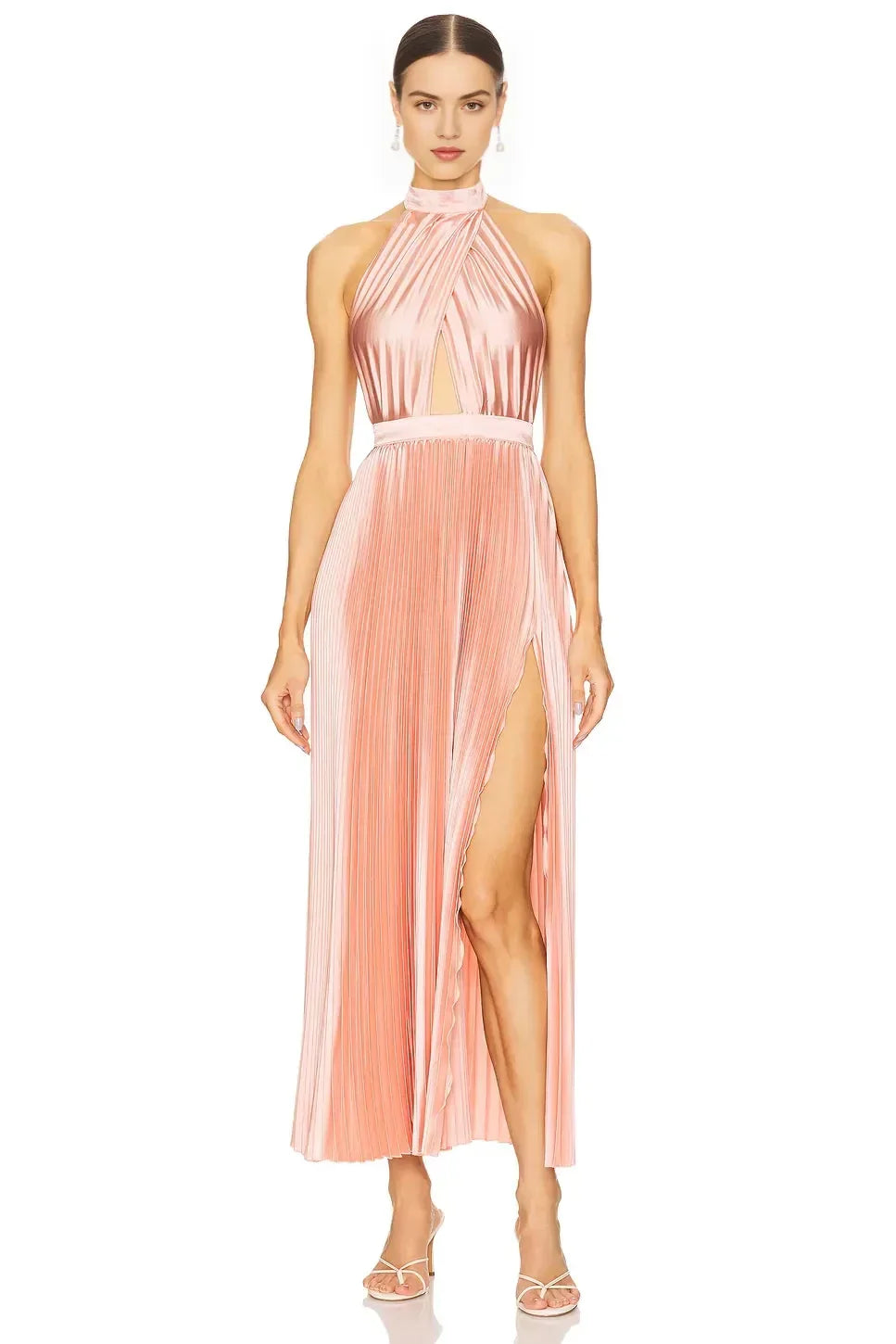 Alluring Sheath Halter Neck Sleeveless Pleated High Slit Evening Dress