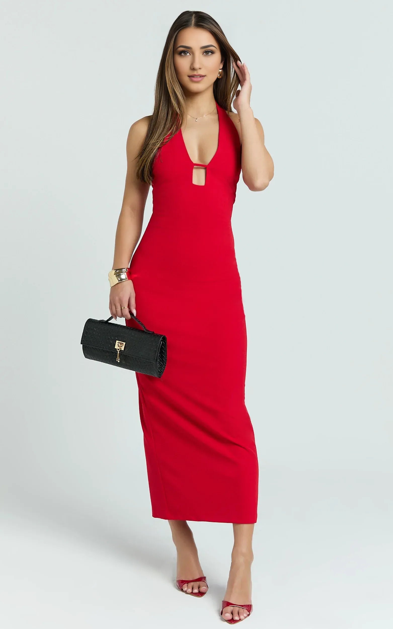 Alluring Sheath Halter Sleeveless Tie Back Midi Plus Size Evening Dress