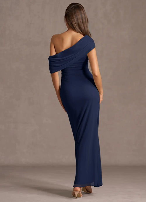 Robe de bal bustier asymétrique sirène à manches drapées, dos ouvert, longueur ras du sol, style glamour, en vogue