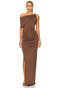 Alluring Sheath One Shoulder Draped Sleeve Open Back Floor Length Evening Dress