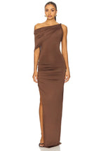 Alluring Sheath One Shoulder Draped Sleeve Open Back Floor Length Evening Dress
