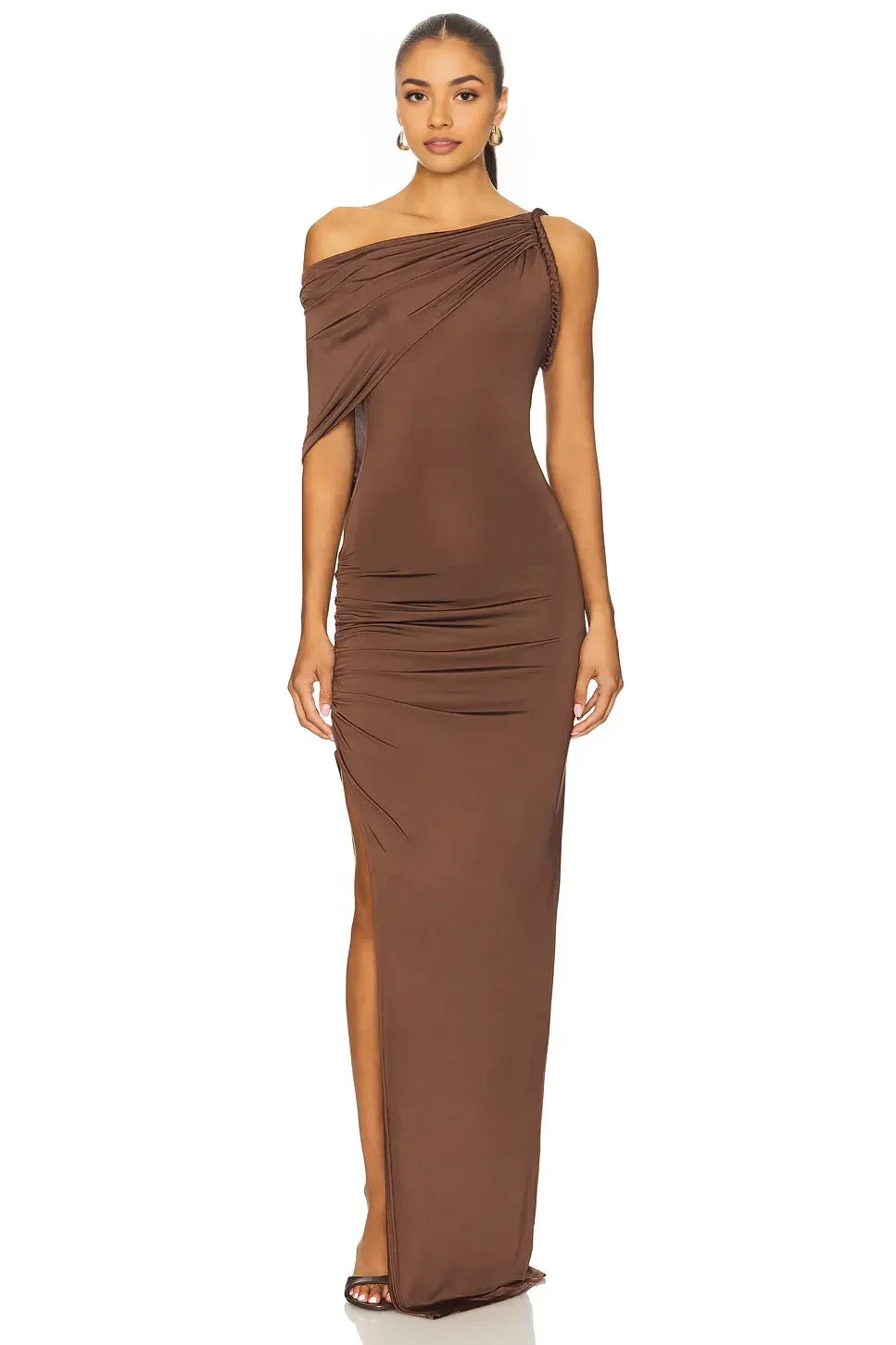 Alluring Sheath One Shoulder Draped Sleeve Open Back Floor Length Evening Dress