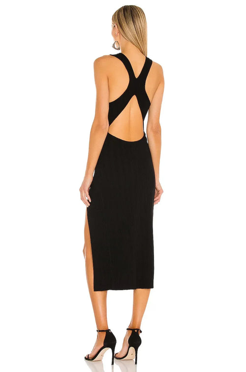 Robe de soirée fourreau mi-longue séduisante avec décolleté en V et dos nu sans manches