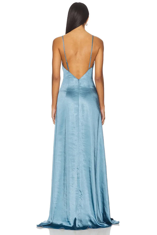 Robe de soirée longue, fourreau, décolleté en V, sans manches, fente haute, dos ouvert