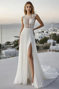 Alluring A Line Boat Neck Sleeveless Sweep/Brush Train Wedding Dress
