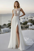 Alluring A Line Boat Neck Sleeveless Sweep/Brush Train Wedding Dress
