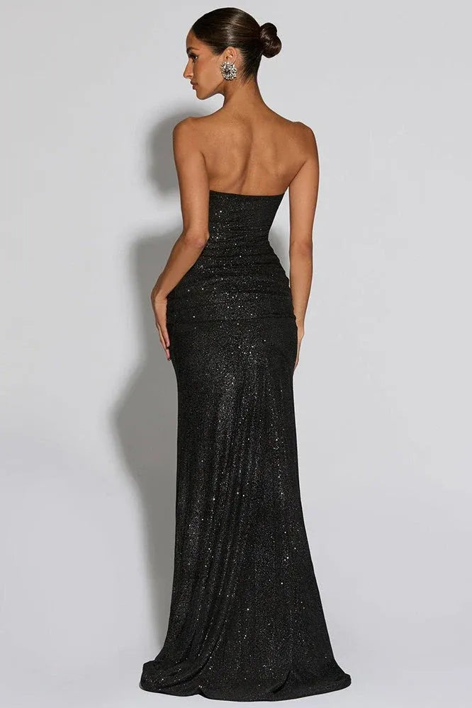 Black Alluring Mermaid Strapless Mesh-Waist Floor-Length Prom Dress With Scarf
