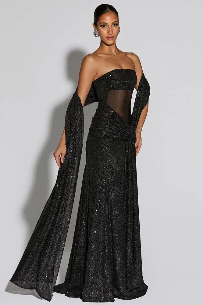 Black Alluring Mermaid Strapless Mesh-Waist Floor-Length Prom Dress With Scarf