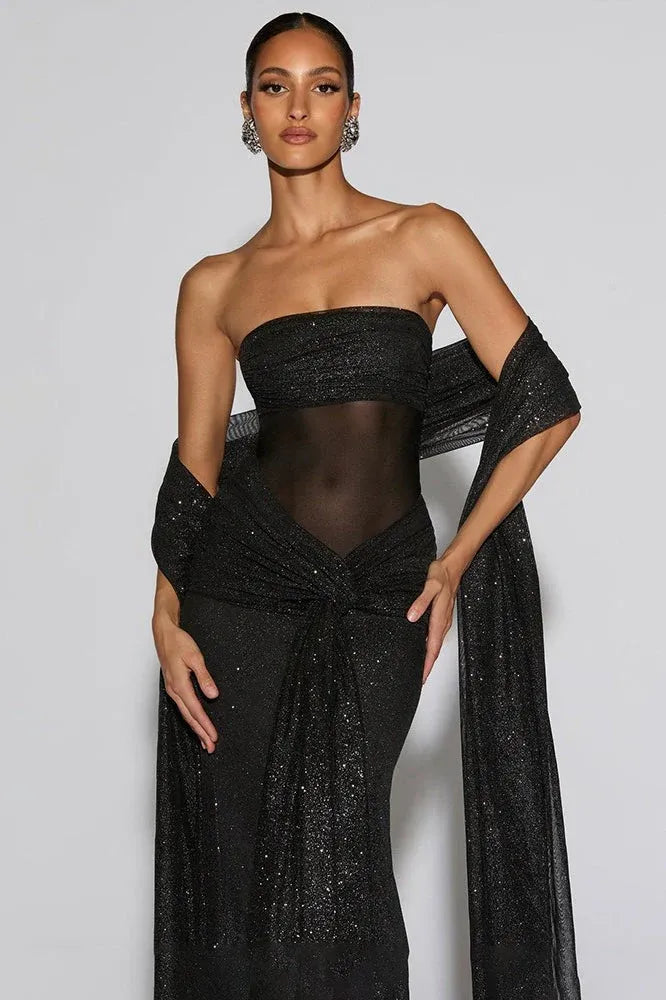 Black Alluring Mermaid Strapless Mesh-Waist Floor-Length Prom Dress With Scarf