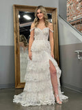 Alluring Off the Shoulder Sleeveless A-Line Tiered Long Prom Dress
