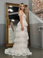 Alluring Off the Shoulder Sleeveless A-Line Tiered Long Prom Dress