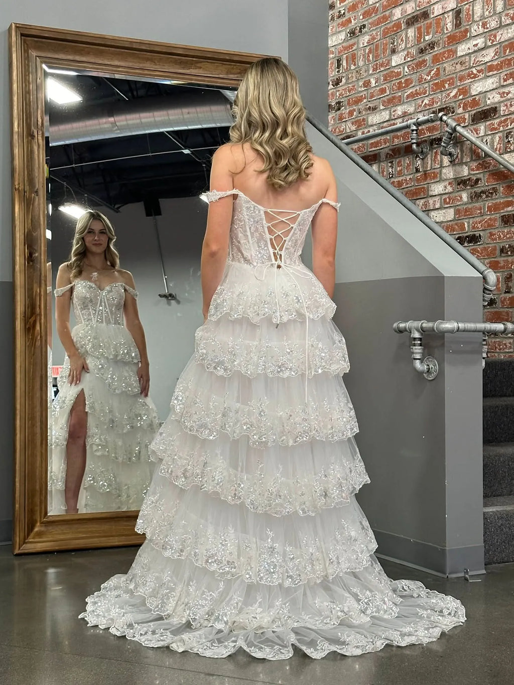 Alluring Off the Shoulder Sleeveless A-Line Tiered Long Prom Dress