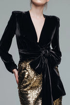 Alluring Sheath/Column V Neck Long Sleeve Sequins Floor-Length Prom Dress