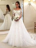 Illusion Crew Neckline Long Sleeve Applique A Line Wedding Dress For Bride To Be