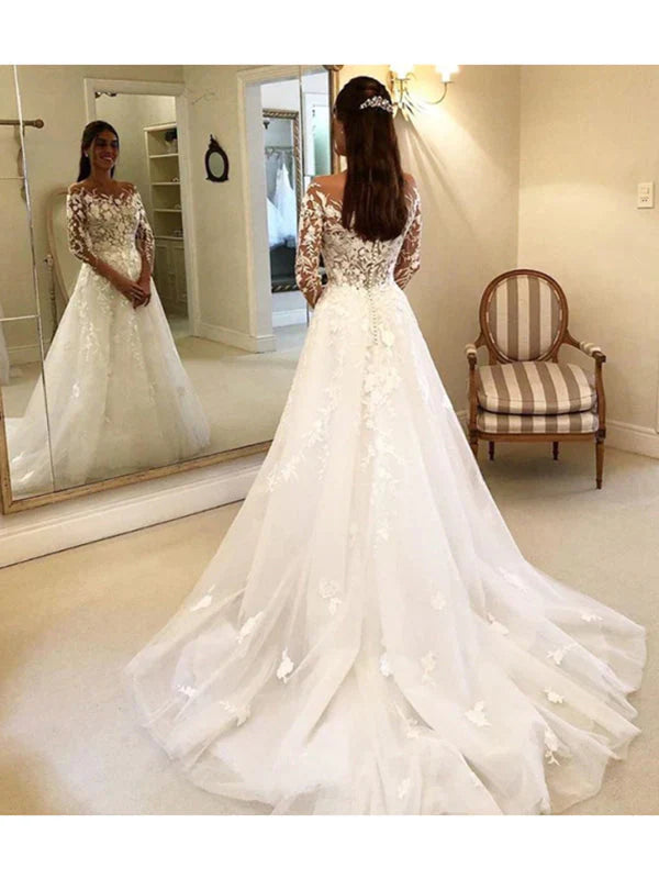 Illusion Crew Neckline Long Sleeve Applique A Line Wedding Dress For Bride To Be