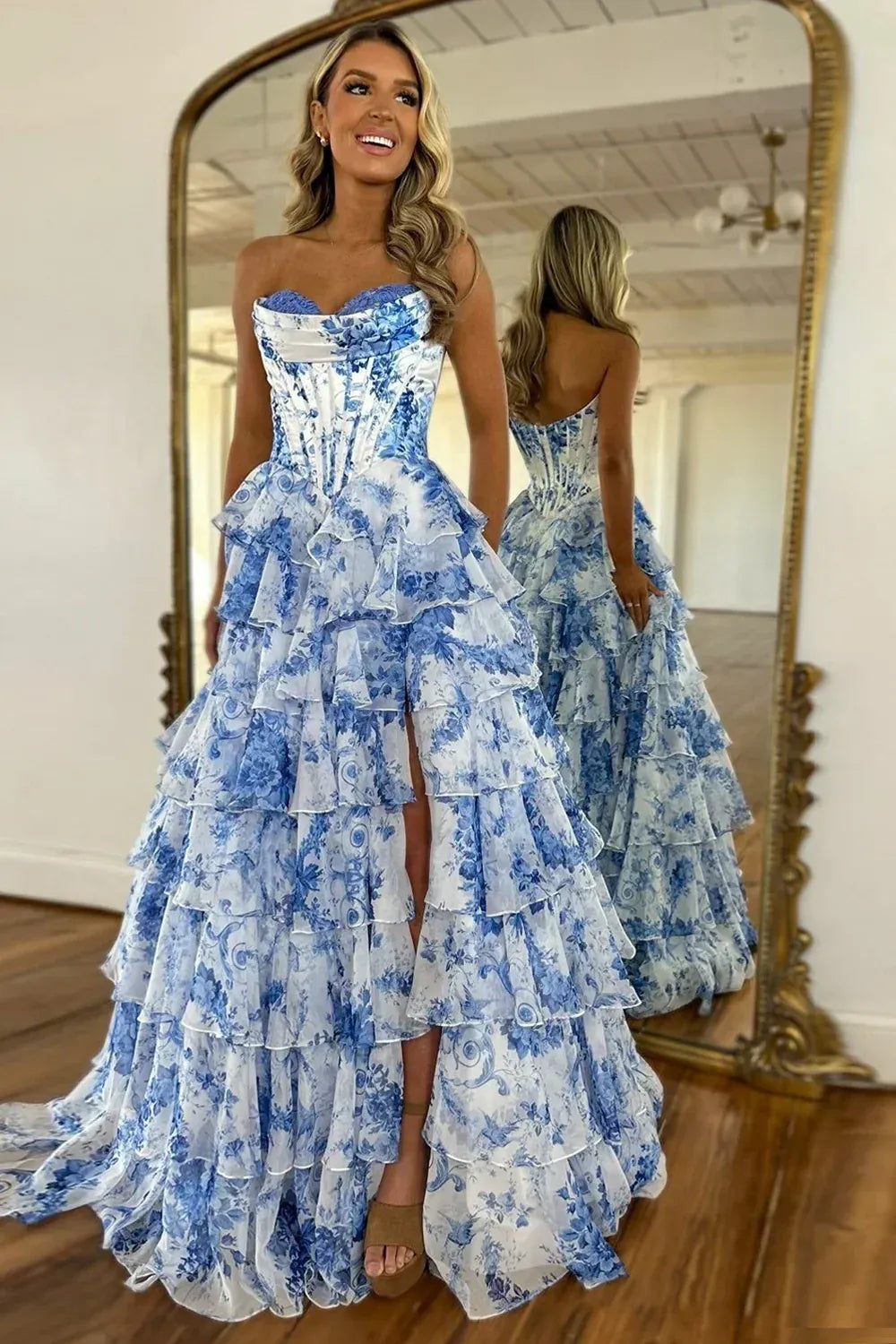 Artistic Sweetheart Sleeveless Empire A-Line Tiered Slit Long Prom Dress