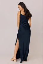 Asymmetric Cowl-Neck Satin Bridesmaid Dress with High Thigh Slit & Slim-Fit Silhouette