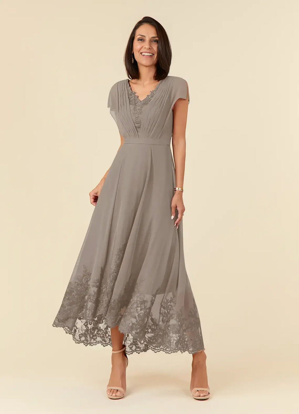 Taupe Dress Elegant A-Line Dress Asymmetrical-Length Flutter Sleeve Back Zip V-Neck Plus Size Mother of the Bride Dress