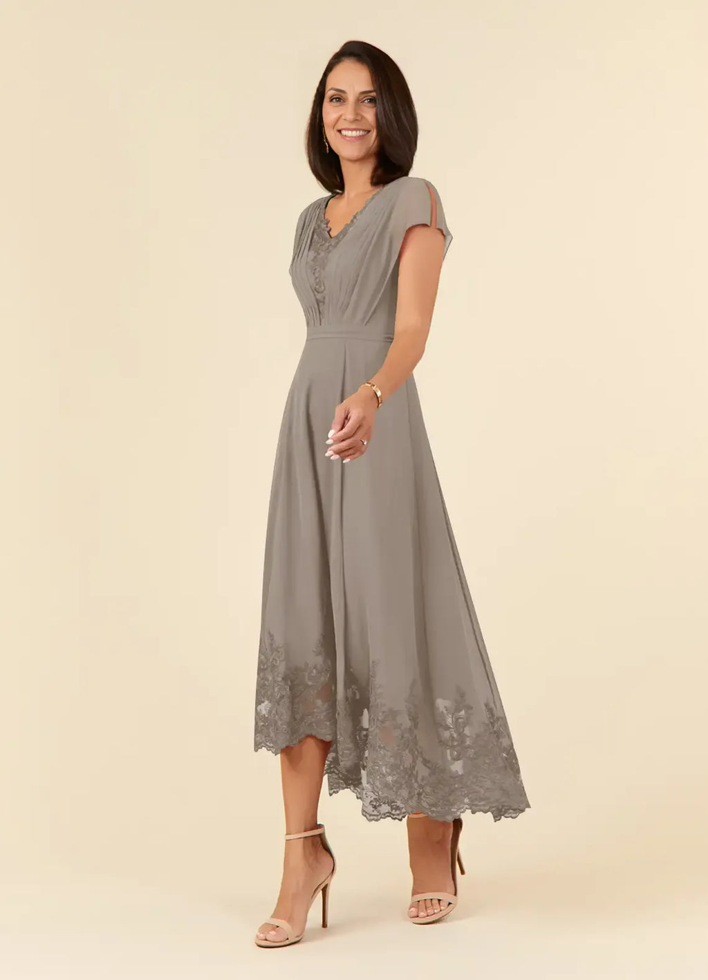 Taupe Dress Elegant A-Line Dress Asymmetrical-Length Flutter Sleeve Back Zip V-Neck Plus Size Mother of the Bride Dress
