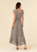 Taupe Dress Elegant A-Line Dress Asymmetrical-Length Flutter Sleeve Back Zip V-Neck Plus Size Mother of the Bride Dress