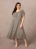 Taupe Dress Elegant A-Line Dress Asymmetrical-Length Flutter Sleeve Back Zip V-Neck Plus Size Mother of the Bride Dress