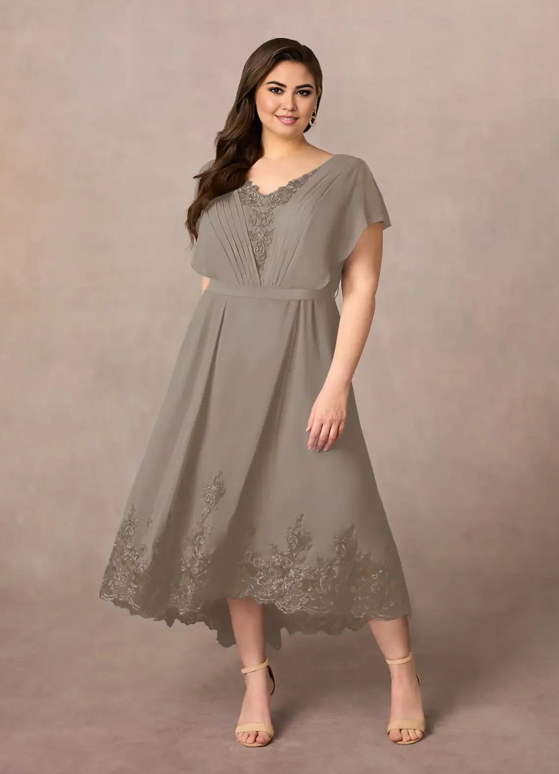Taupe Dress Elegant A-Line Dress Asymmetrical-Length Flutter Sleeve Back Zip V-Neck Plus Size Mother of the Bride Dress