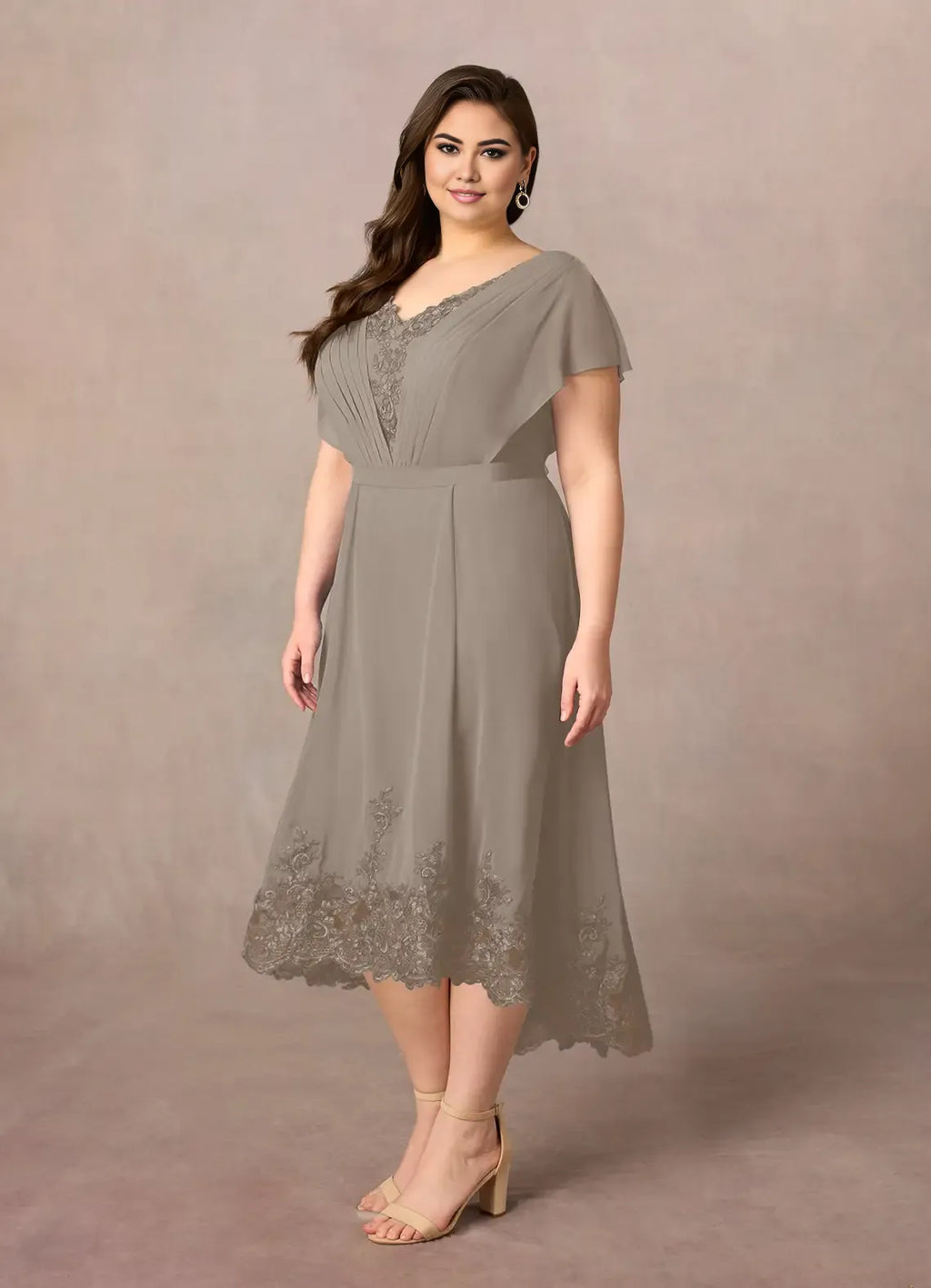 Taupe Dress Elegant A-Line Dress Asymmetrical-Length Flutter Sleeve Back Zip V-Neck Plus Size Mother of the Bride Dress
