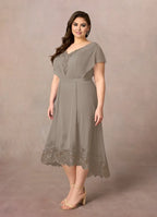 Taupe Dress Elegant A-Line Dress Asymmetrical-Length Flutter Sleeve Back Zip V-Neck Plus Size Mother of the Bride Dress