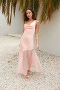 Pink Asymmetrical Cowl Neck Floor Length Open Back Dress Sleeveless Sheath Mermaid Elegant Up Prom Dress