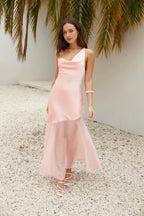 Pink Asymmetrical Cowl Neck Floor Length Open Back Dress Sleeveless Sheath Mermaid Elegant Up Prom Dress
