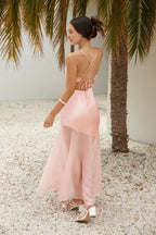 Pink Asymmetrical Cowl Neck Floor Length Open Back Dress Sleeveless Sheath Mermaid Elegant Up Prom Dress