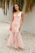 Pink Asymmetrical Cowl Neck Floor Length Open Back Dress Sleeveless Sheath Mermaid Elegant Up Prom Dress