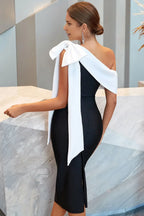 Asymmetrical Sleeveless Sheath Simple One Shoulder Bowknot Knee length Party Dress For Sale For Ladies