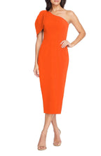 Attractive Sheath One Shoulder Ruffled Sleeve Slit Back Midi Length Evening Dress
